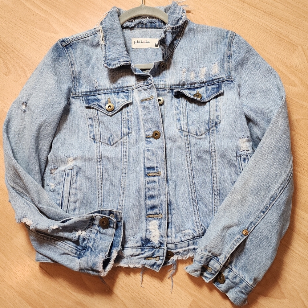 Pistola Heavily Distressed Denim Jacket 100% Cotton Button Jean Jacket Medium
